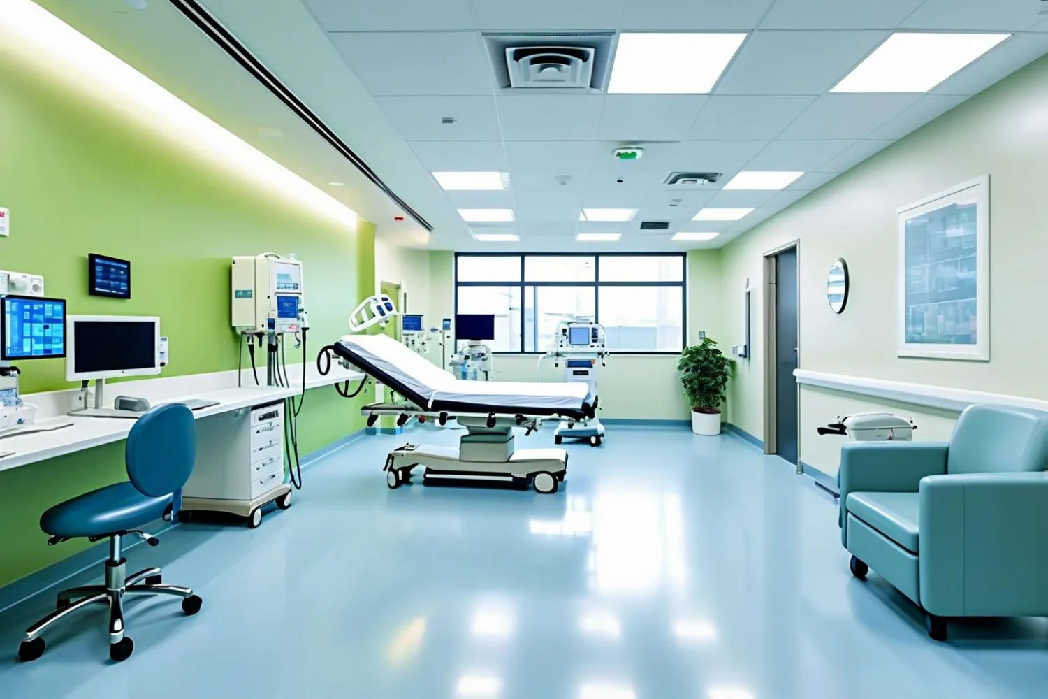 A modern medical treatment room with sage green and light blue walls, a treatment bed, wall-mounted monitors, and blue upholstered seating