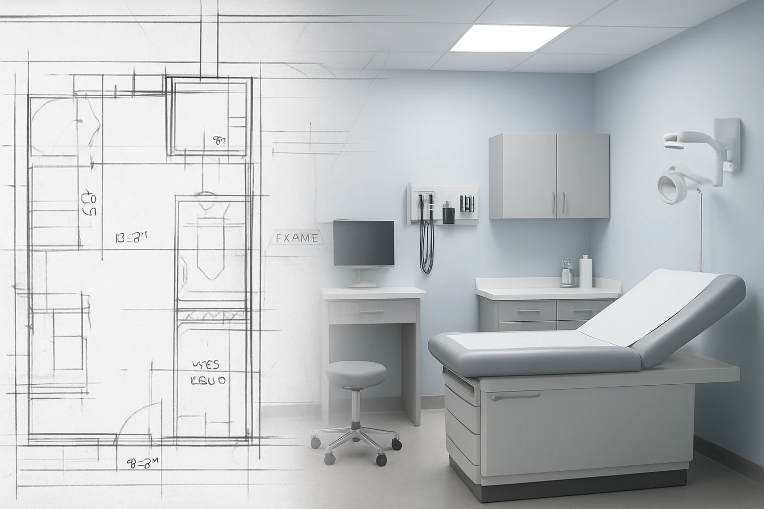 Split image blending a hand-drawn examination room floor plan on the left into a rendered medical exam room on the right, complete with an exam table, desk, stool, and wall-mounted equipment