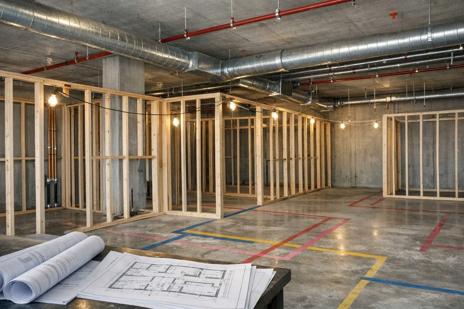 A medical fitout under construction with exposed ceiling services, red fire sprinkler pipework, timber stud-framed rooms, coloured floor marking-out lines, and rolled building plans on a table