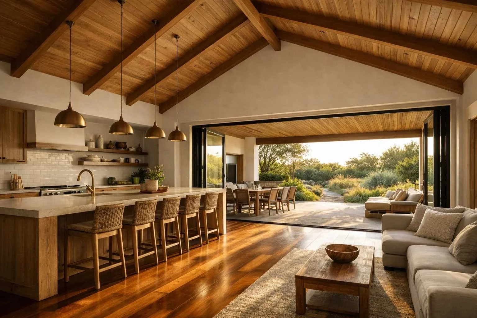 An open-plan kitchen and living area with exposed timber raked ceiling beams, brass pendant lights over a stone kitchen island, timber bar stools, and bi-fold doors opening to a garden