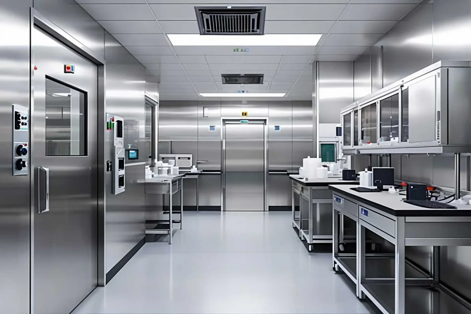 A stainless steel pharmaceutical cleanroom with sealed doors, overhead extraction, and workstations fitted with monitoring equipment