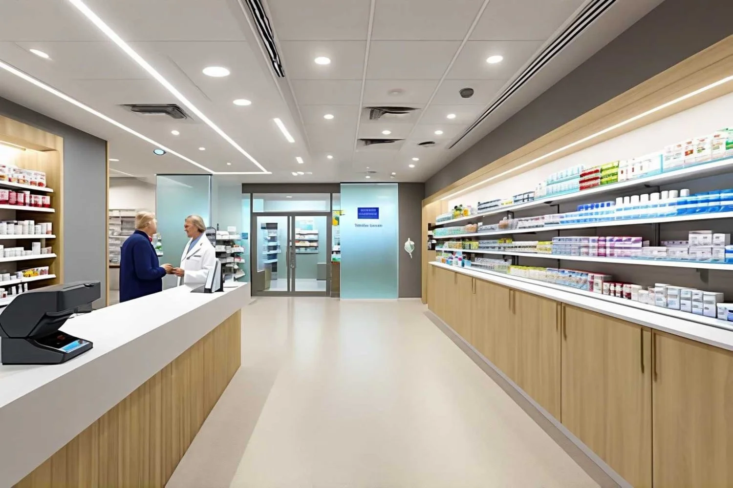 A pharmacist consulting with a customer at a dispensary counter, with wood-toned medication shelving along the wall and a glass-panelled dispensing area visible through doors in the background