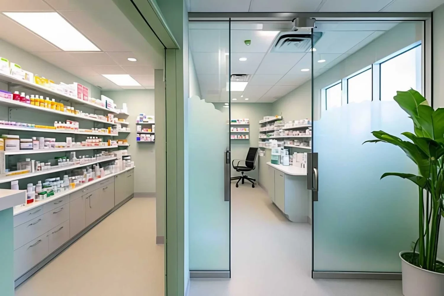 A pharmacy dispensary with sage green walls and shelving of stocked medication, opening through a frosted glass sliding door into a consultation room with a desk, chair, and its own shelving