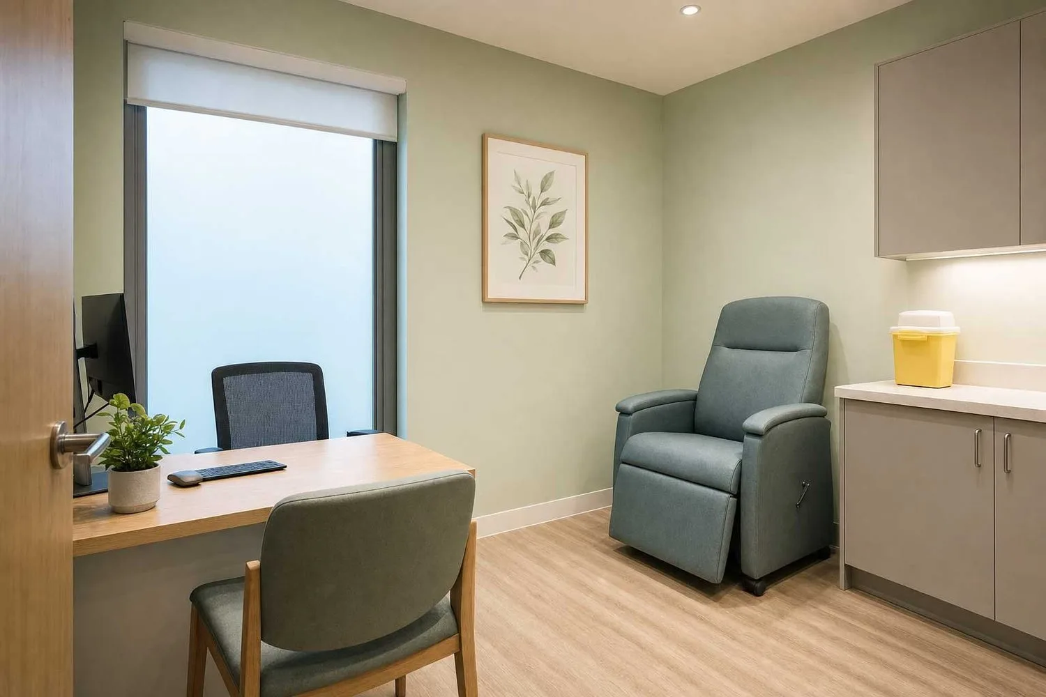 A pharmacy consultation room with sage green walls, a teal recliner chair, and a desk with two chairs