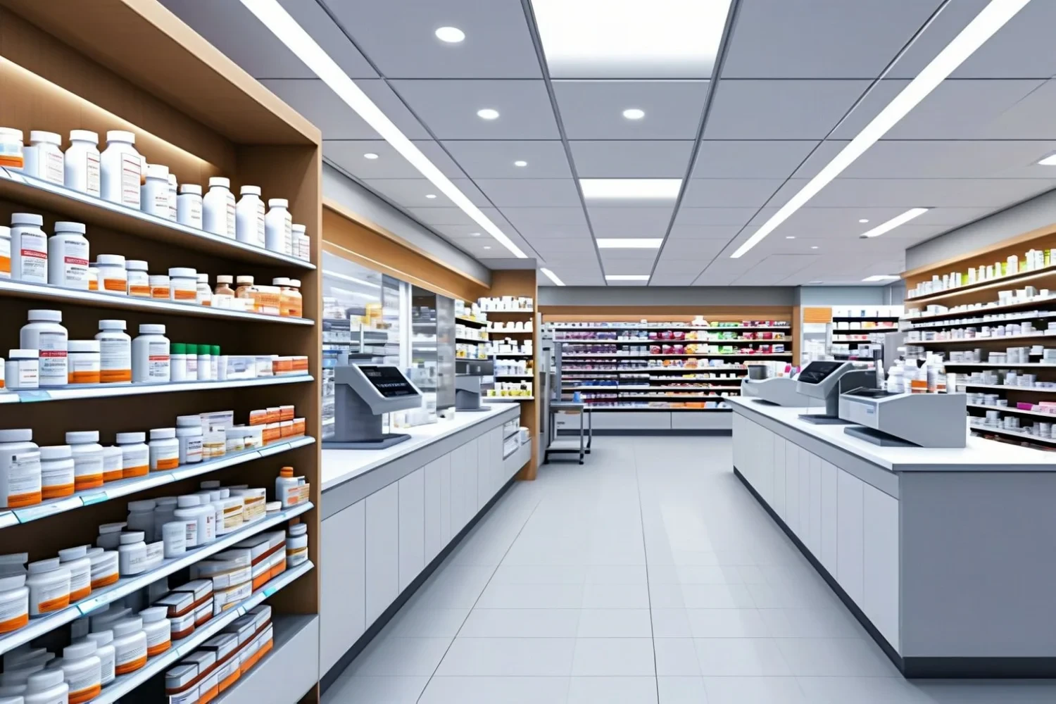 A pharmacy dispensary aisle with timber-topped shelving stocked with medication on both sides, leading to two service counters with checkout terminals