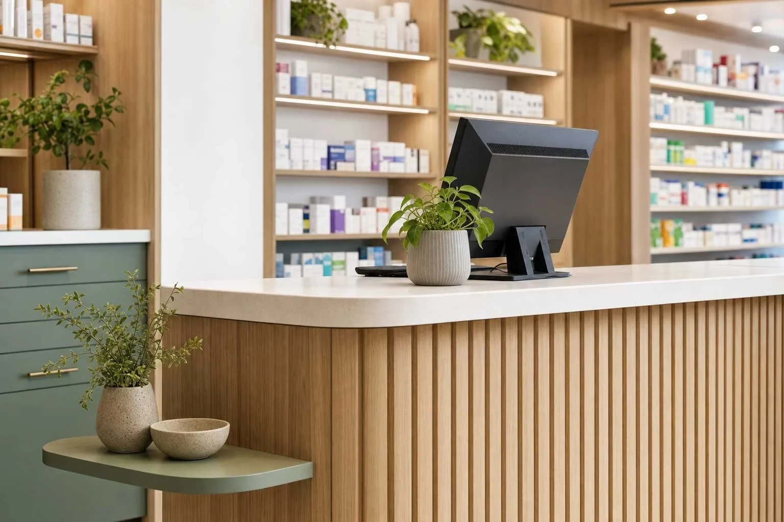 A pharmacy dispensary counter with fluted timber panelling and sage green cabinetry, a monitor and potted plants on the countertop, with stocked dispensary shelving visible directly behind