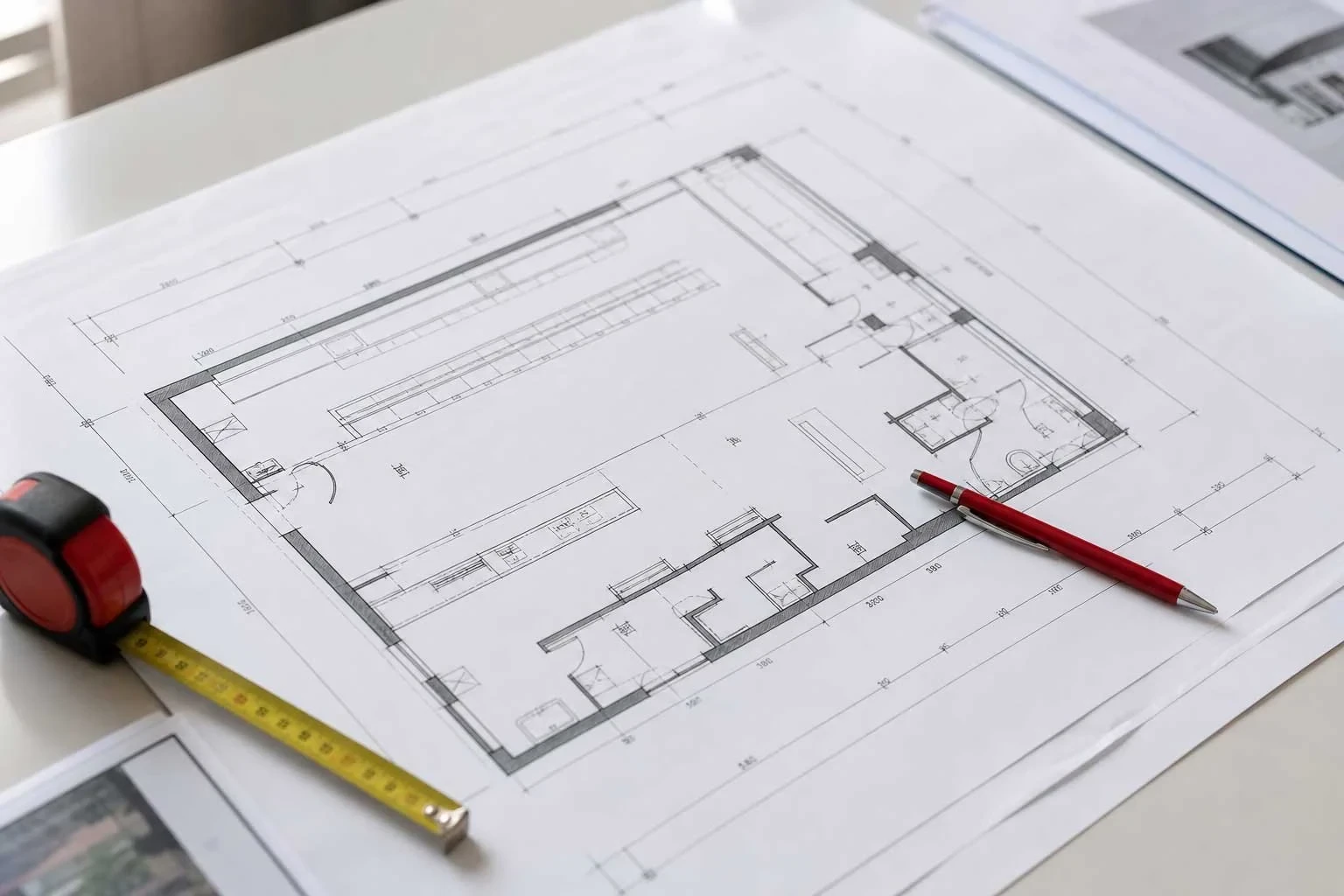 A pharmacy fitout floor plan on a drafting table, with a tape measure and pen resting on top showing dispensary layout and room dimensions