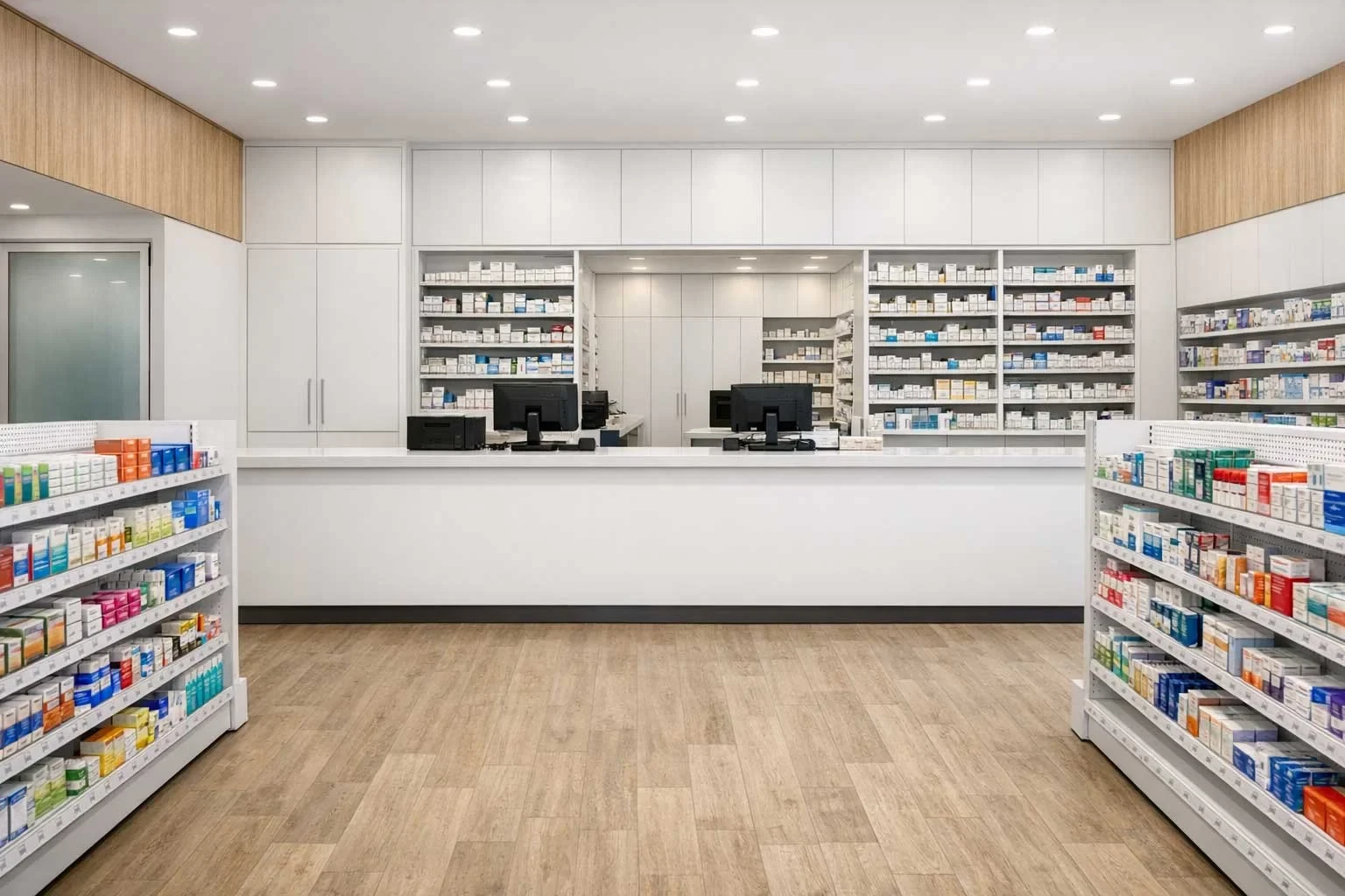 A pharmacy retail aisle with shelving stocked with medication boxes either side, timber-topped feature walls, and a white dispensary counter with computer terminals in the background
