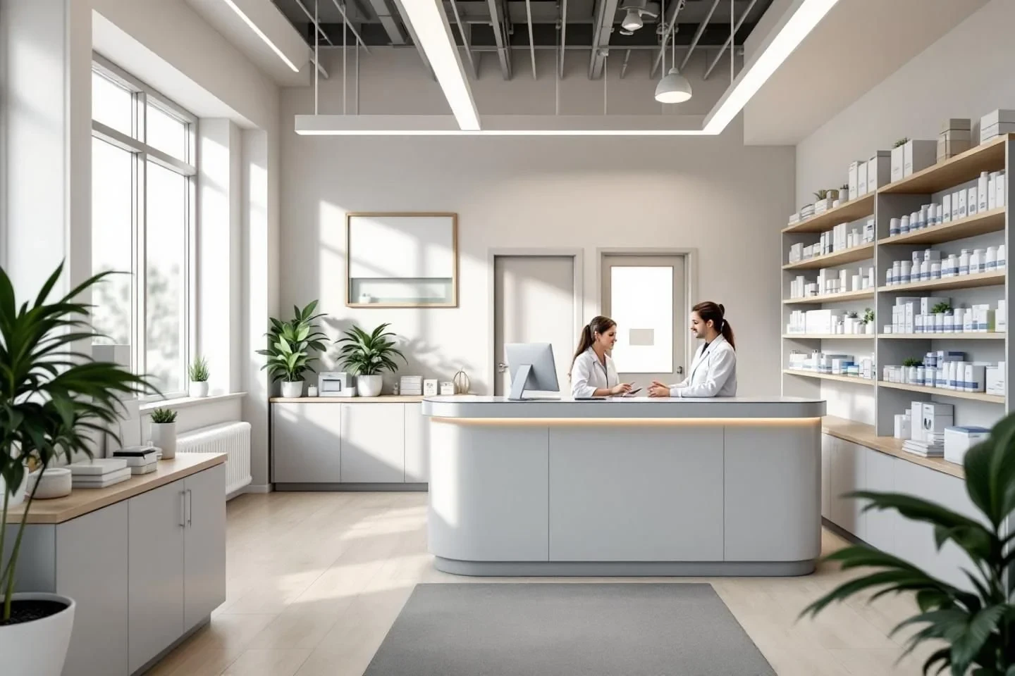 A bright pharmacy retail area with a pharmacist and customer talking at a curved white reception desk, timber-topped cabinetry, potted plants, and shelving stocked with product boxes