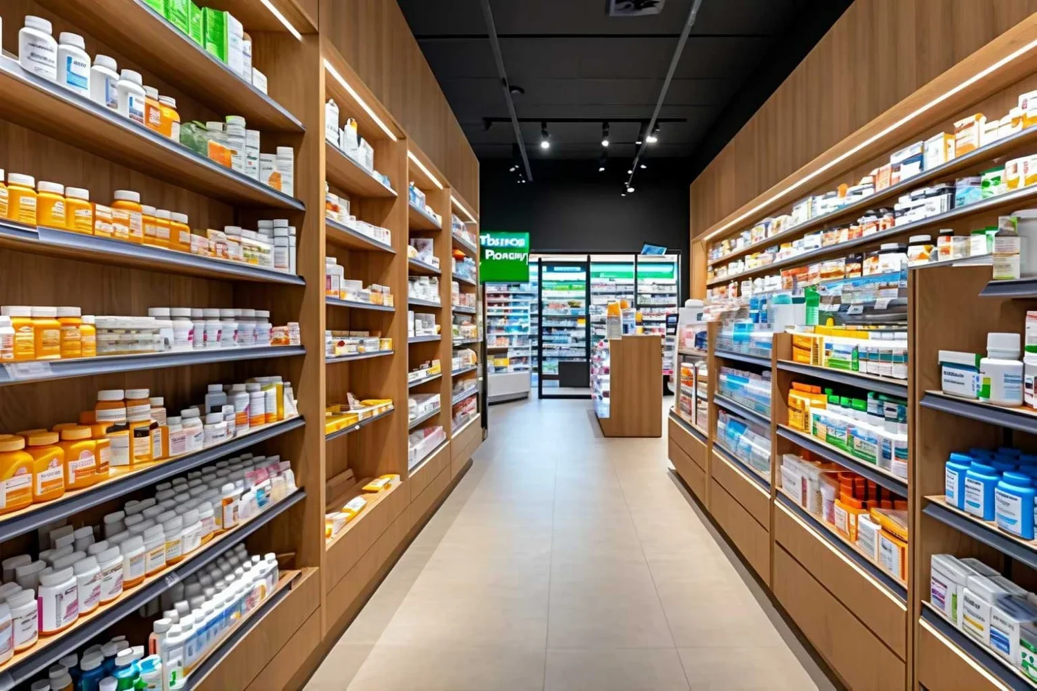 A pharmacy retail aisle with timber shelving stocked with medication and health products on both sides under a dark ceiling with track lighting