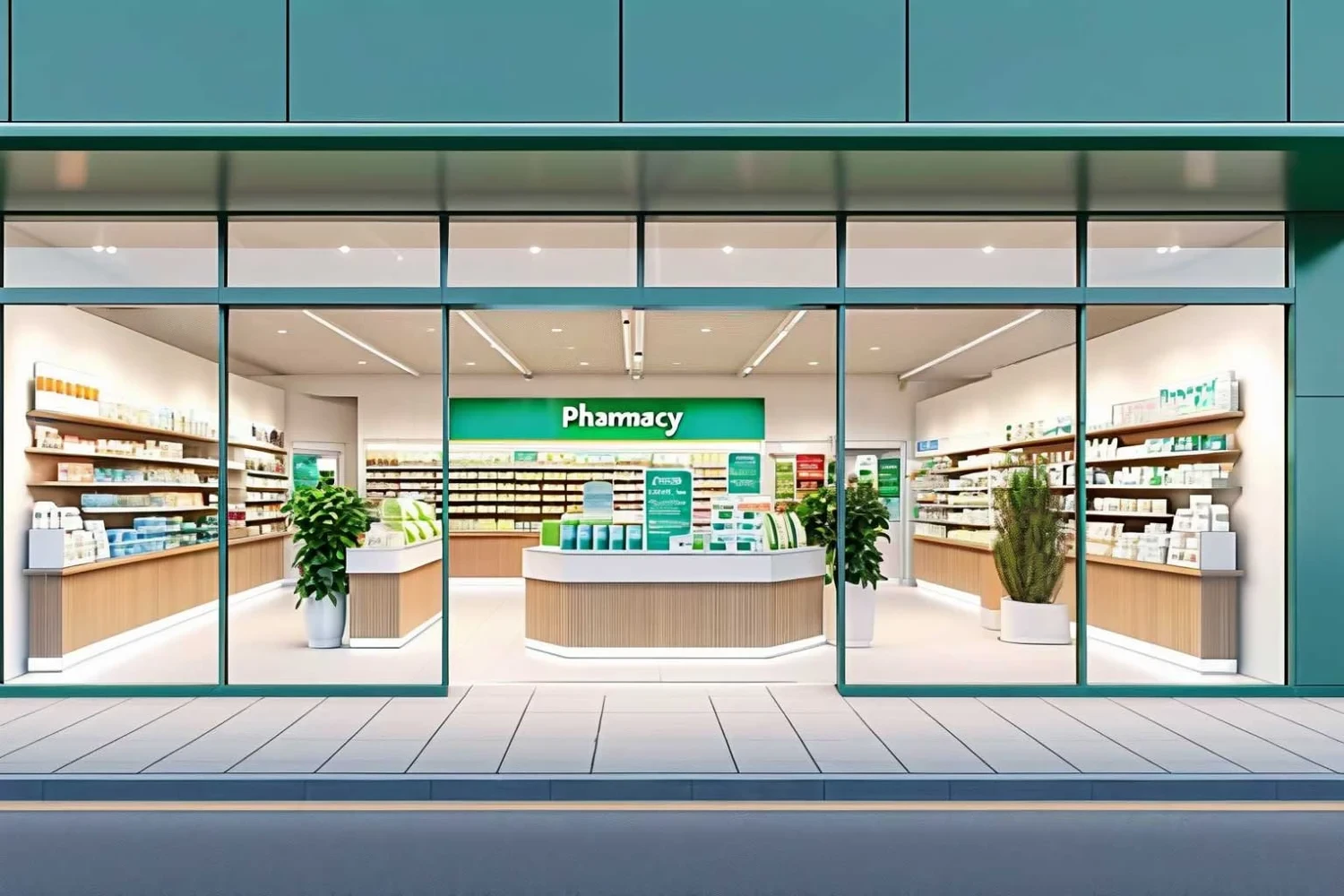 A pharmacy shopfront viewed from the street through full-height glazing, with green signage reading Pharmacy above the counter and shelving stocked with product visible either side