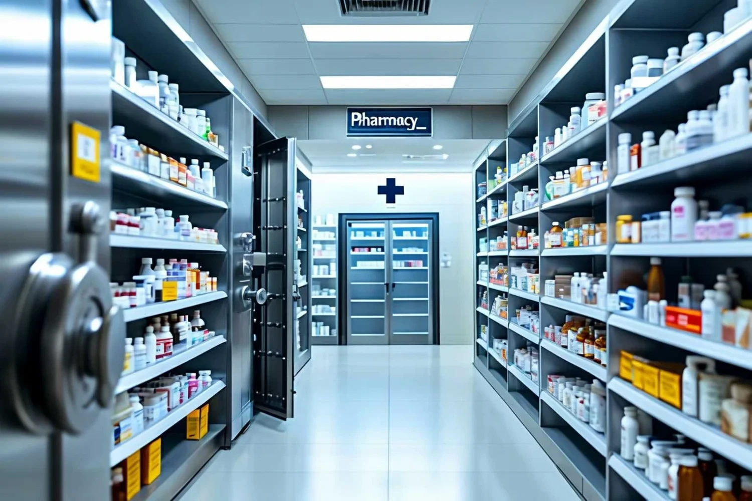 A pharmacy dispensary aisle with an open steel vault door on the left, shelving stocked with medication on both sides, and a Pharmacy sign above a doorway at the end of the aisle