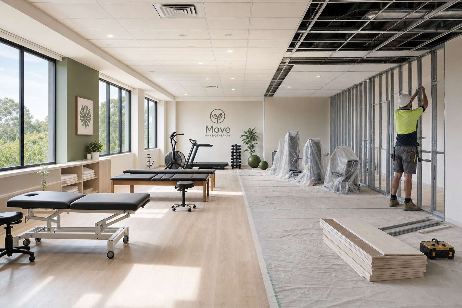 A physiotherapy treatment and exercise area mid-renovation, with a completed section of plinths and exercise equipment on one side and a partition wall under construction with protective sheeting on the other