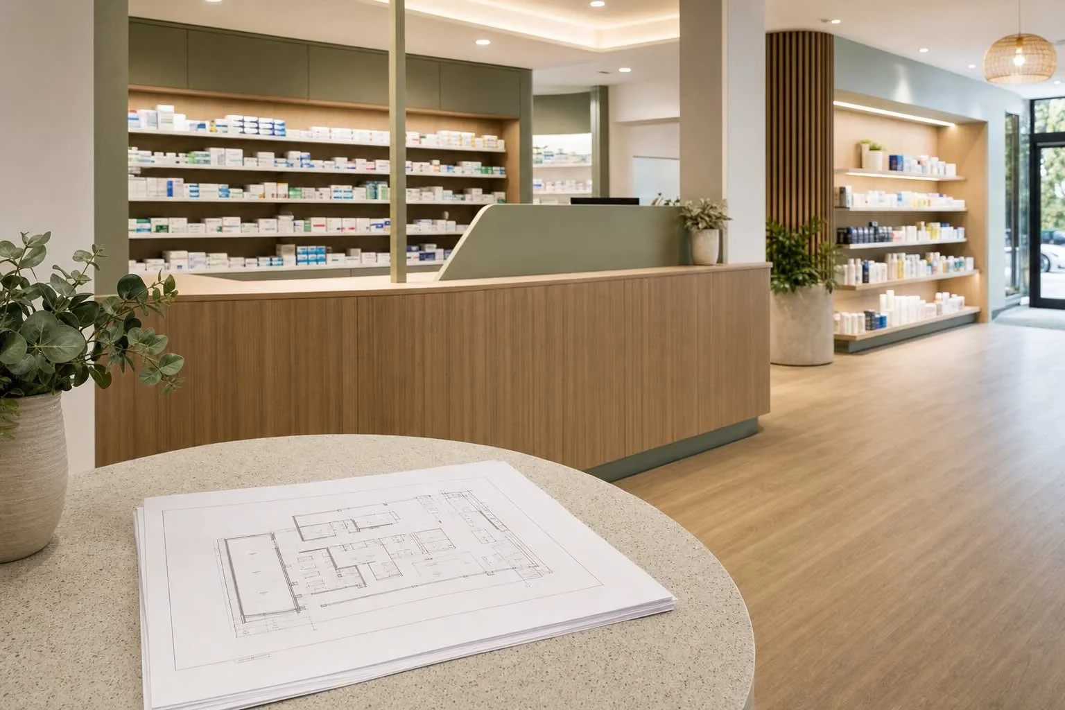 A renovated pharmacy interior with timber and sage green dispensary counters, stocked dispensary shelving, retail product shelving, and a renovation floor plan resting on a round table in the foreground