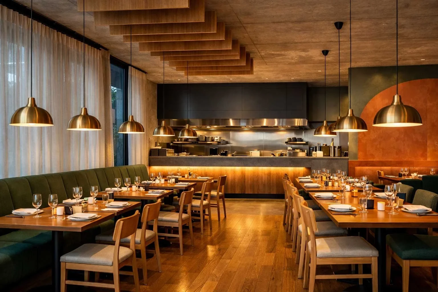 A restaurant dining room with brass dome pendant lights, green banquette seating, timber dining chairs, an open kitchen pass with a copper extraction canopy, and a terracotta feature wall