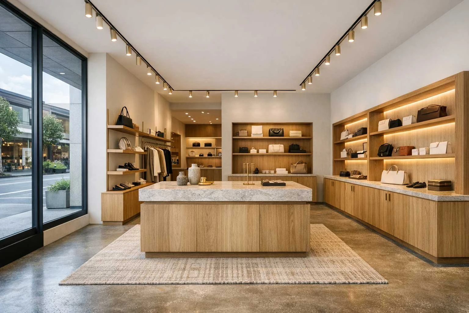 A retail store interior with a central timber and stone display island, timber shelving stocked with handbags along the walls, track lighting, and a polished concrete floor