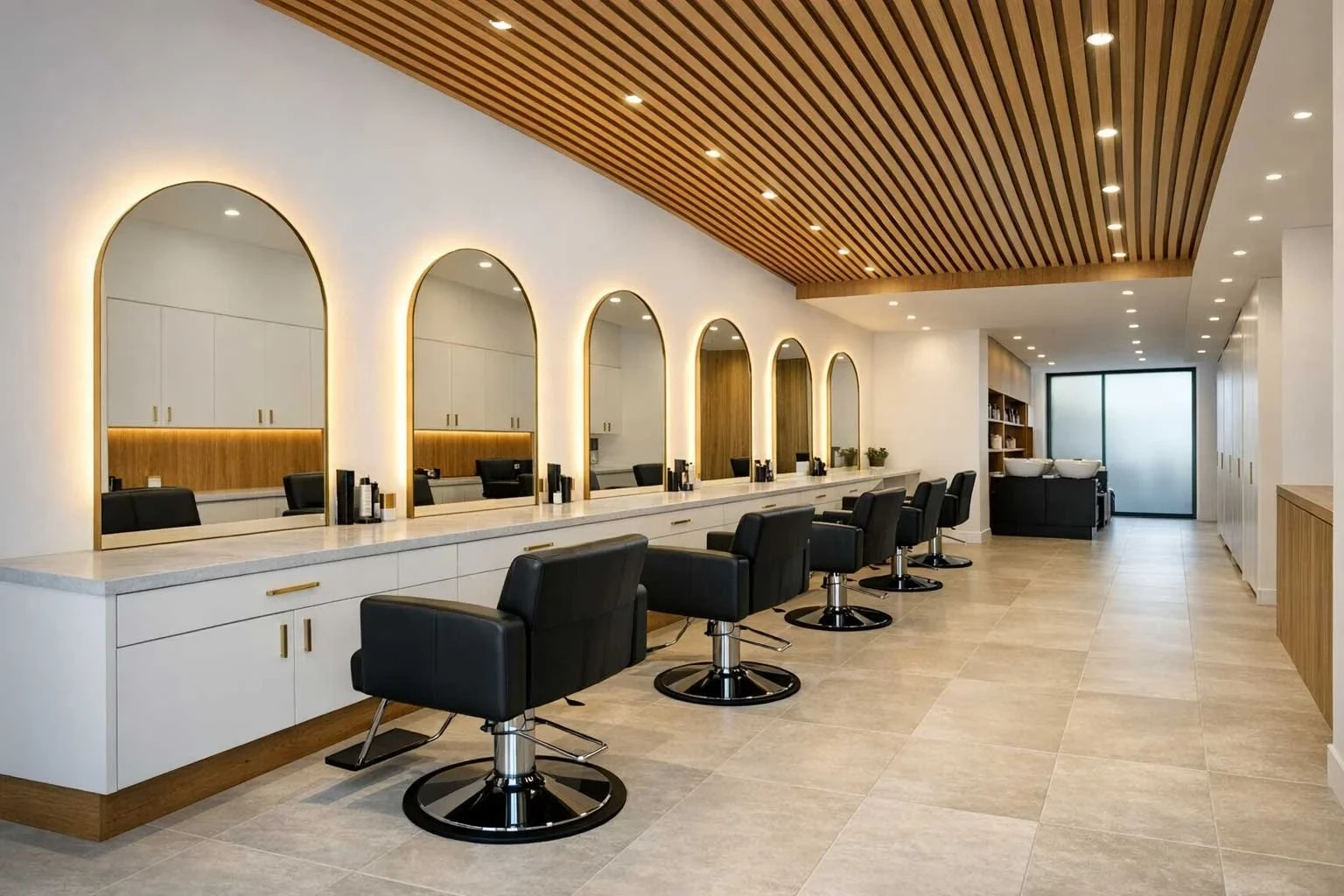 A salon styling row with a series of arched mirrors set into a white wall beneath a timber slat ceiling, and black leather styling chairs on chrome bases