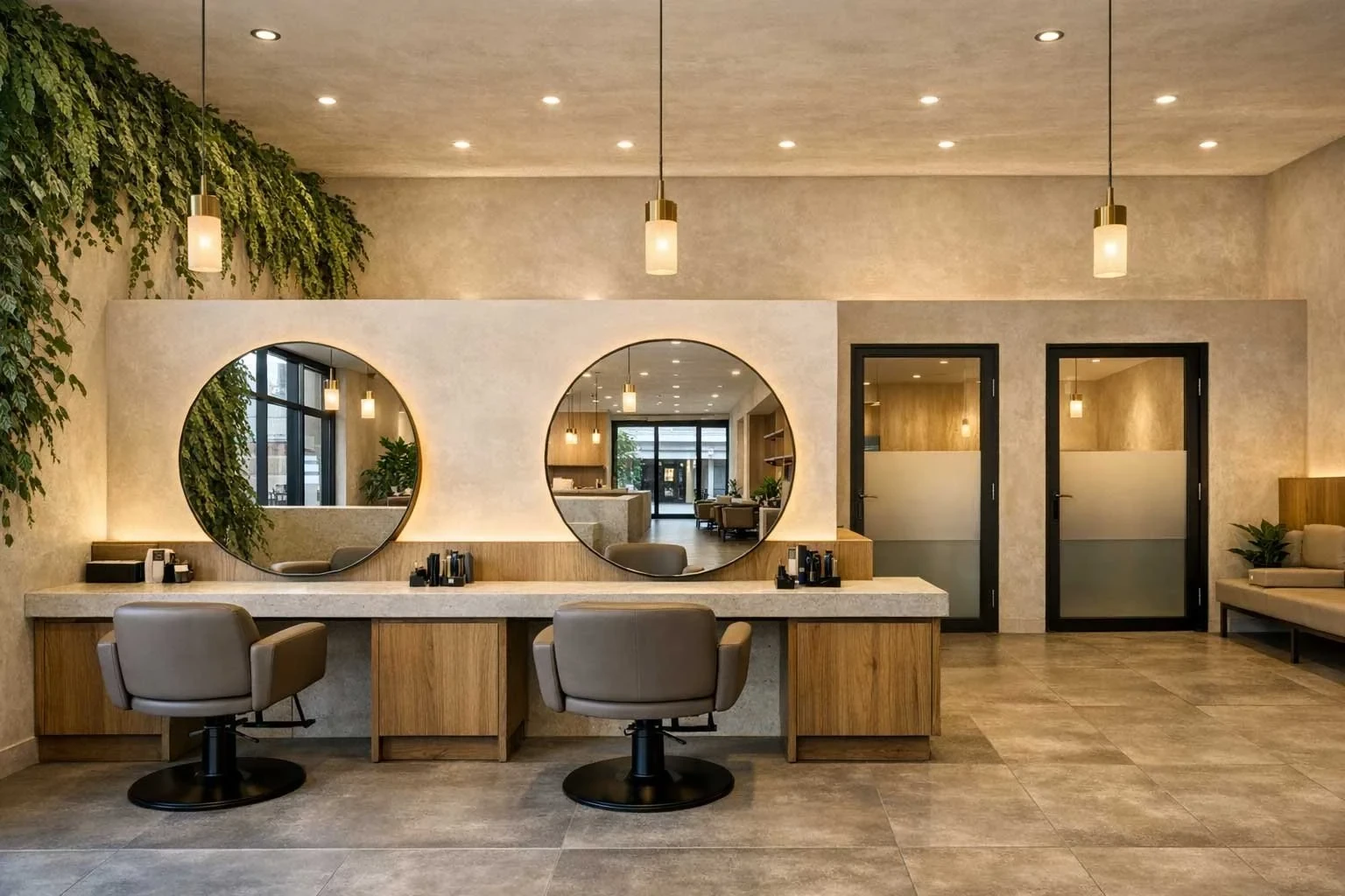 A salon styling area with two large round mirrors set into a plaster wall, trailing greenery above, timber-fronted cabinetry, and grey leather styling chairs