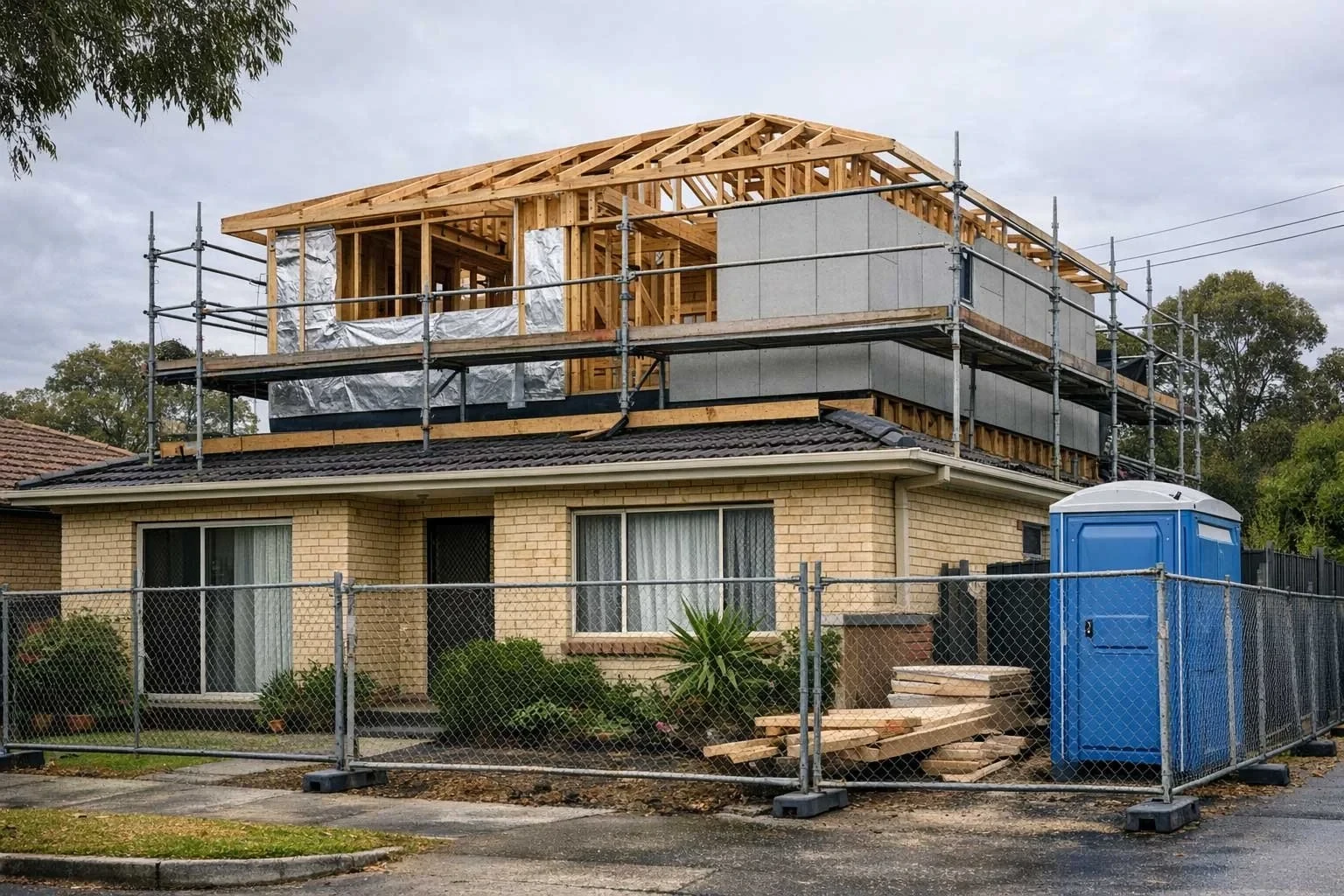 A brick house with a timber-framed second storey addition under construction on top, wrapped in scaffolding, above the original tiled roofline
