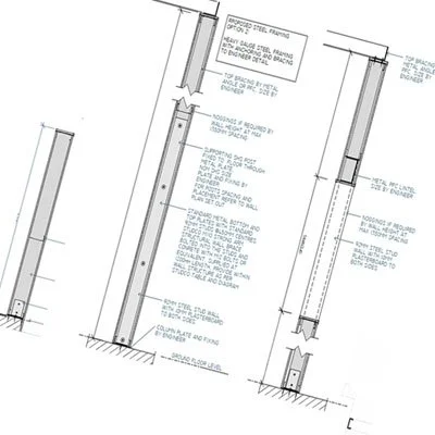 Technical construction drawing of steel framing for a building wall.