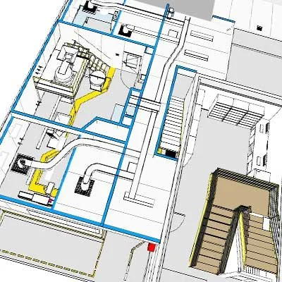 Architectural blueprint of a building's HVAC and plumbing systems with colored ducts and pipes, including stairs and support structures.