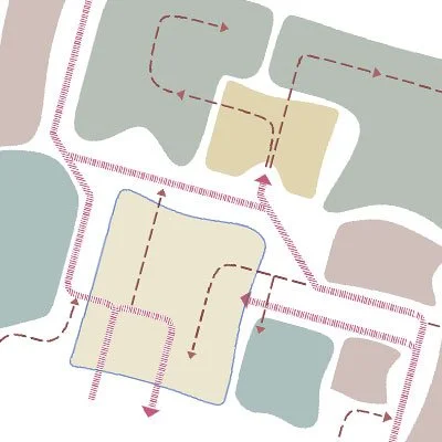 A map showing pathways and buildings, with arrows indicating directional routes.