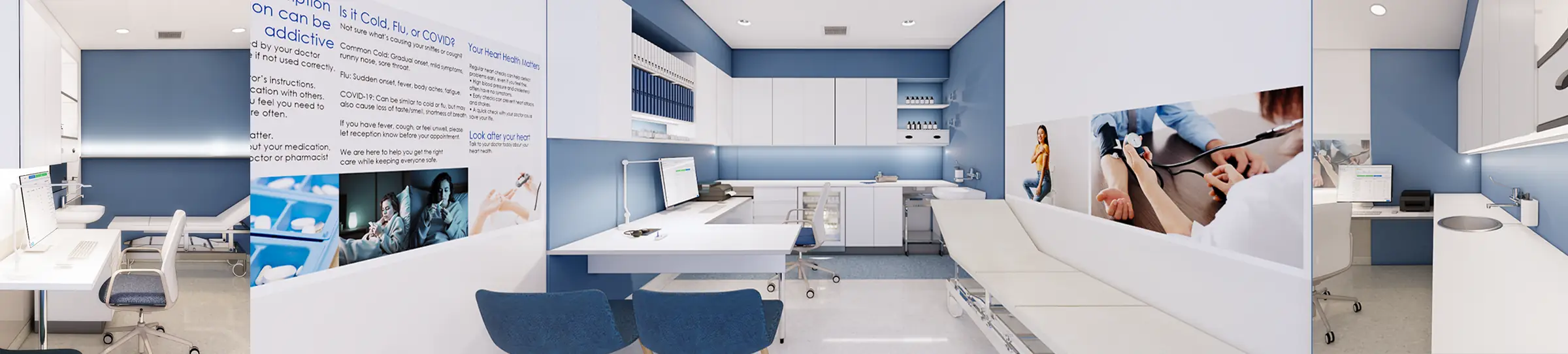 Rendered pharmacy consulting room with blue feature walls, white built-in cabinetry, a desk with computer, an examination bed, blue chairs, and health information panels on cold, flu and heart health.