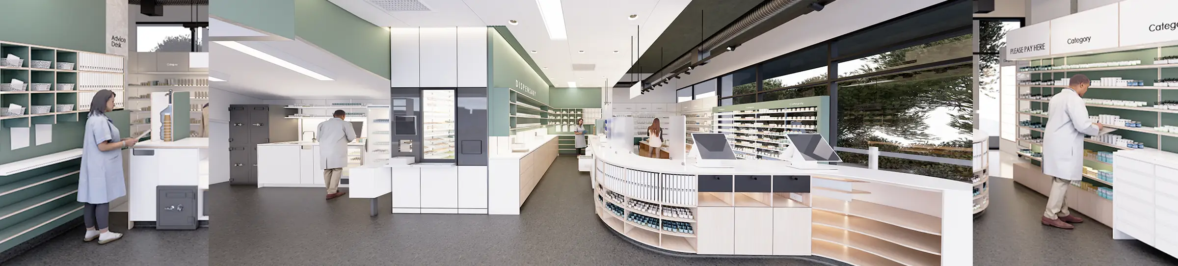Rendered pharmacy dispensary with a curved white prescription counter, green-accented shelving stocked with medicines, a 'Please Pay Here' sign, and pharmacists working behind the counter.