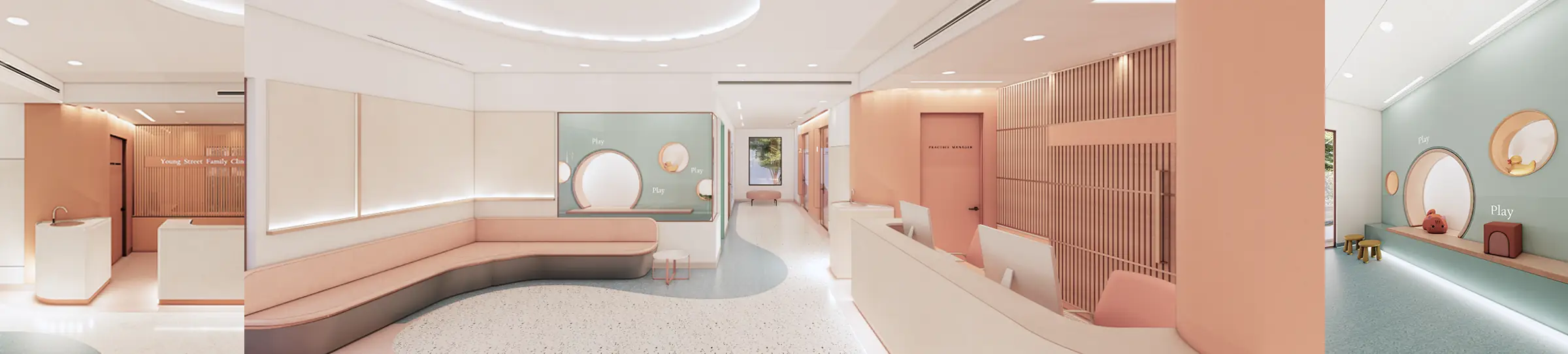 Rendered GP clinic reception with a curved pink bench seat on a terrazzo floor, a peach reception counter and timber batten screen, and a mint-green children's play nook with round window openings.