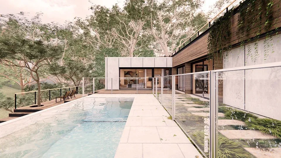 Architectural home exterior with a glass-fenced lap pool and timber deck surrounded by trees