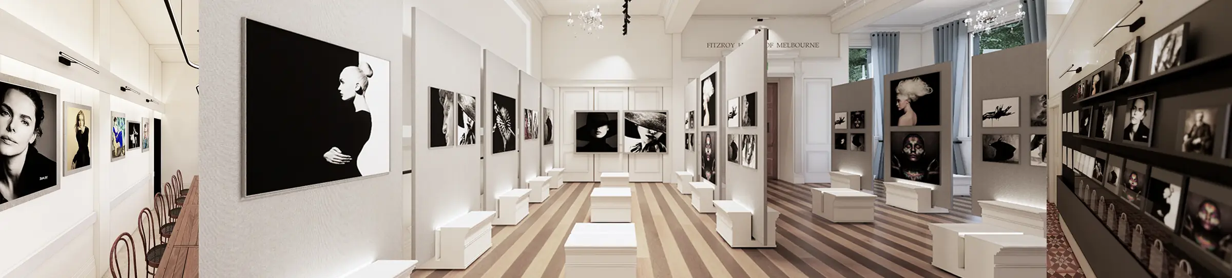 Rendered photography gallery in a heritage building with striped timber floors, freestanding white display walls hung with black-and-white portraits, low white bench seating, chandeliers, and a bar with bentwood stools along one wall.