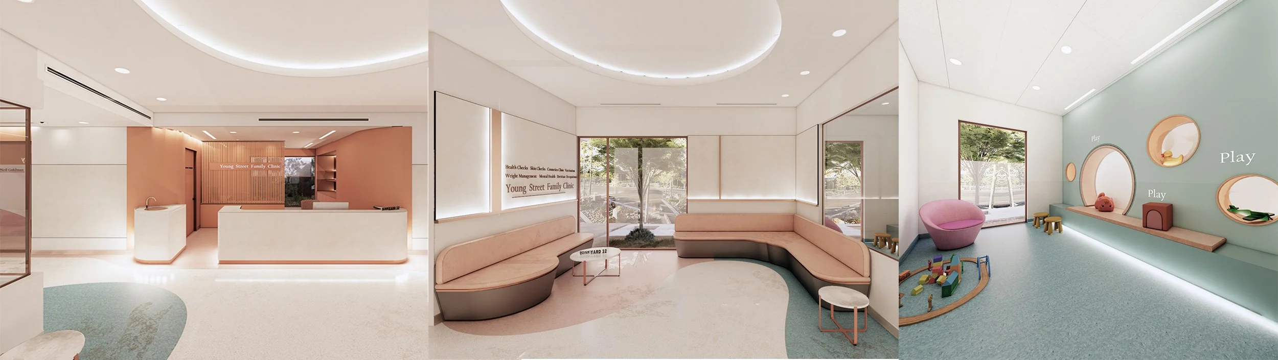 Interior view of a modern medical clinic with a reception desk, seating area, and a playroom for children with toys and mirrors.