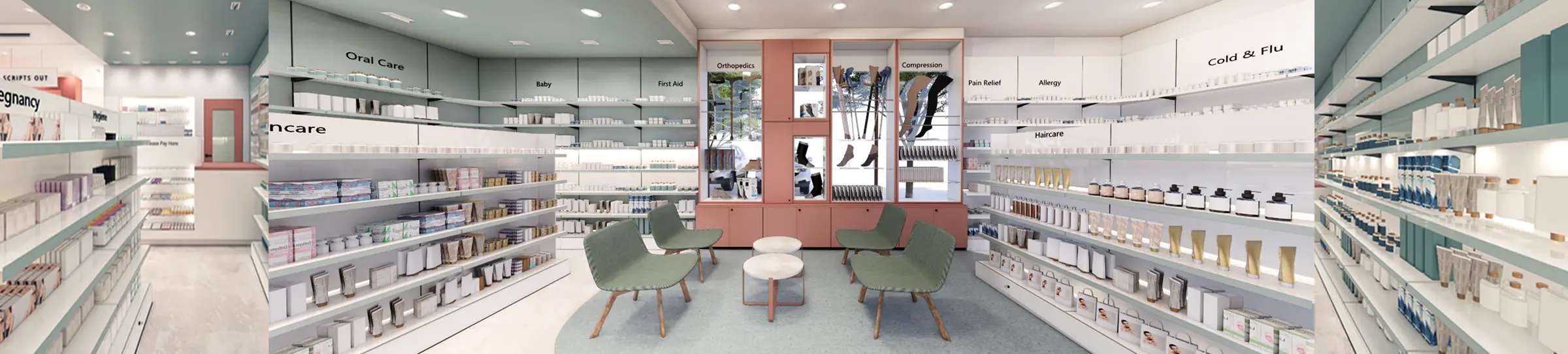 Interior of a pharmacy with a central seating area of four green chairs and two small round tables, surrounded by white shelving labelled for categories like oral care, baby, first aid, pain relief, allergy, and cold & flu.