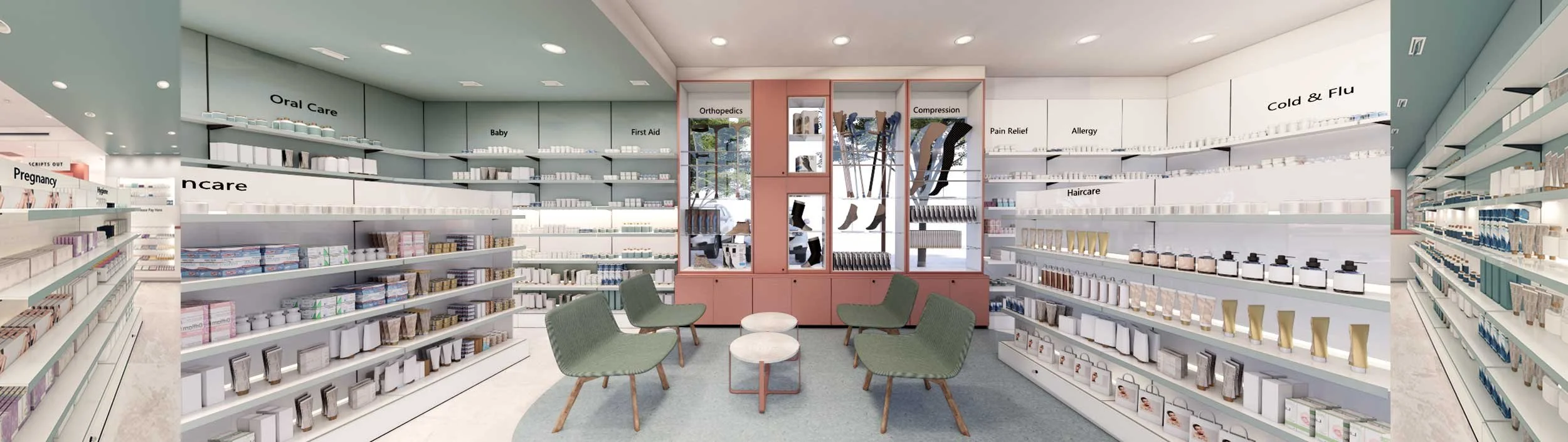 Interior of a pharmacy with shelves of healthcare products, a seating area with four green chairs and two small round tables, and sections labeled for various health needs like cold & flu, allergy, haircare, pain relief, and more.