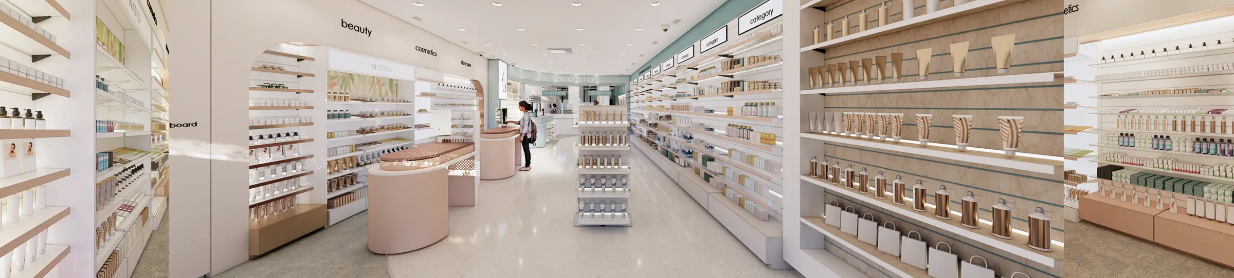 Rendered pharmacy retail floor with white and timber shelving stocked with beauty and cosmetic products, curved display tables, a long central aisle with category signage, and a customer browsing.