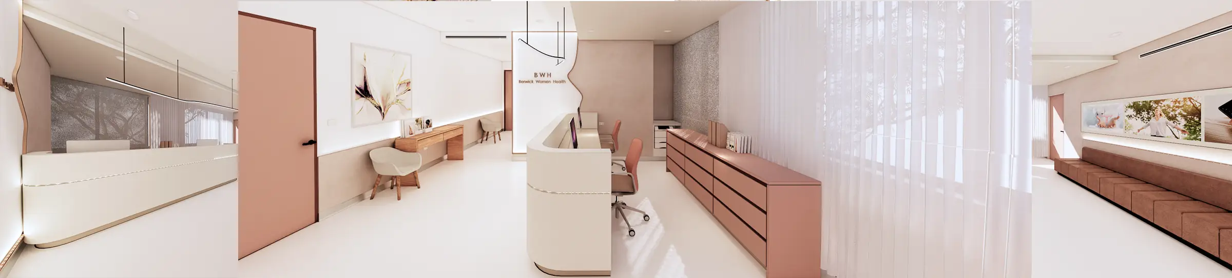 Rendered women's health clinic reception with a curved white counter, blush-pink drawer units and doors, sheer white curtains, a timber writing desk, and a long upholstered bench in the waiting area.