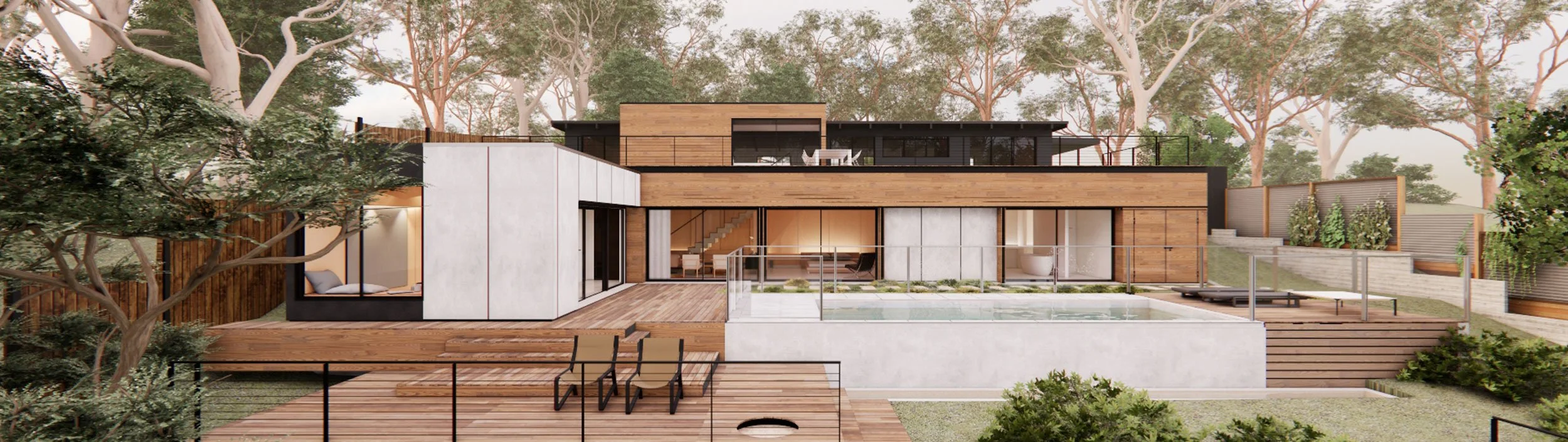 Modern house with wooden and white exterior, multiple terraces, glass railing, a swimming pool, and surrounding trees.