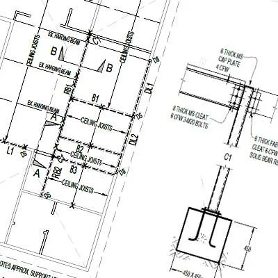 Architectural blueprint showing ceiling joists and wall framing details with measurements and labels.