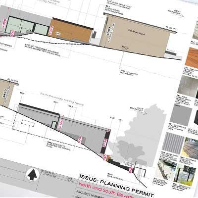 Architectural plans and drawings for a construction project, showing layout and design details for a building or development.