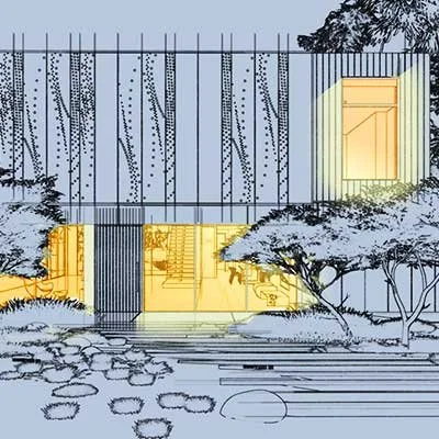 Illustration of a modern house with illuminated interior, surrounded by trees and a stone pathway leading to the entrance.