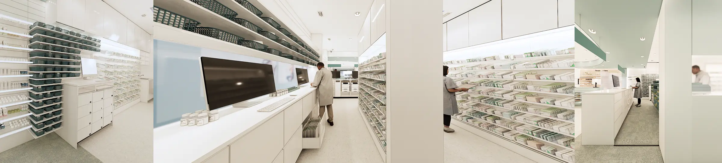 Rendered pharmacy dispensary with white pull-out shelving stocked with medicine packs, green storage baskets on open shelves, a long white counter with computer screens, and staff working along the aisles.