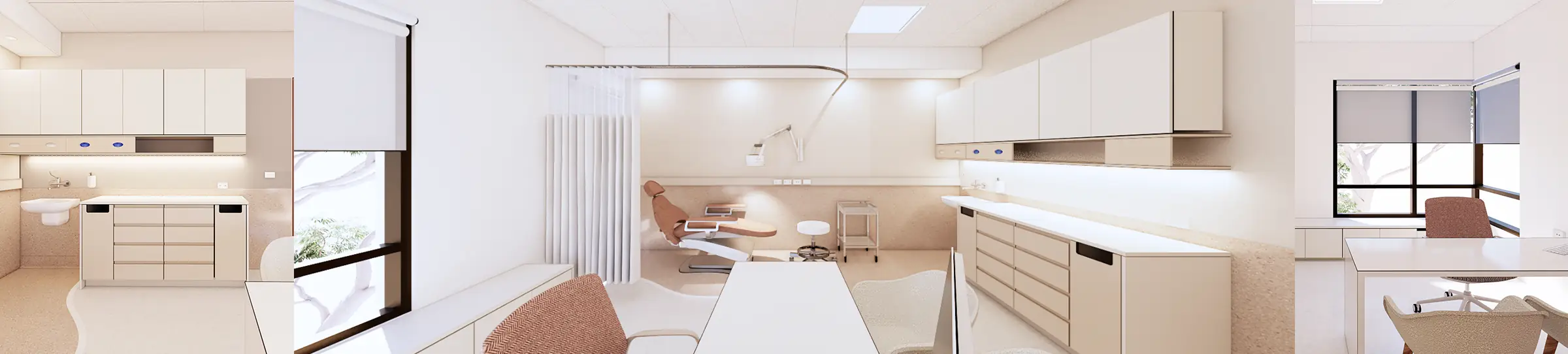 Rendered allied health treatment room with a reclining treatment chair behind a white privacy curtain, built-in pale timber cabinetry and drawers, a consulting desk by the window, and terracotta upholstered seating.