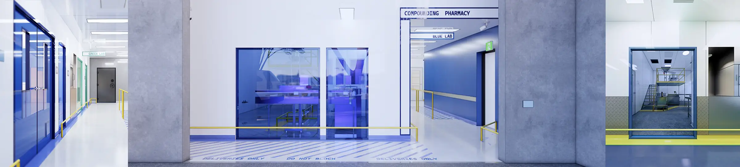 Rendered corridor of a sterile compounding pharmacy with blue-framed glass cleanroom doors, 'Compounding Pharmacy' and 'Blue Lab' signage, grey concrete columns, and yellow safety railings along white walls.